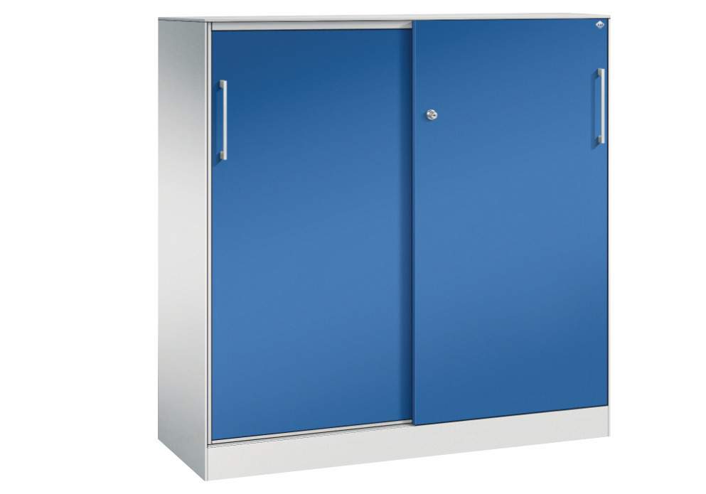 Kancelárska skriňa Asisto, posuvné dvere, 1200 x 435 x 1292 mm, bledosivá/modrá - 1