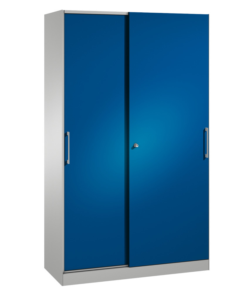 Kancelárska skriňa Asisto, posuvné dvere, 1200 x 435 x 1980 mm, bledosivá/modrá - 1