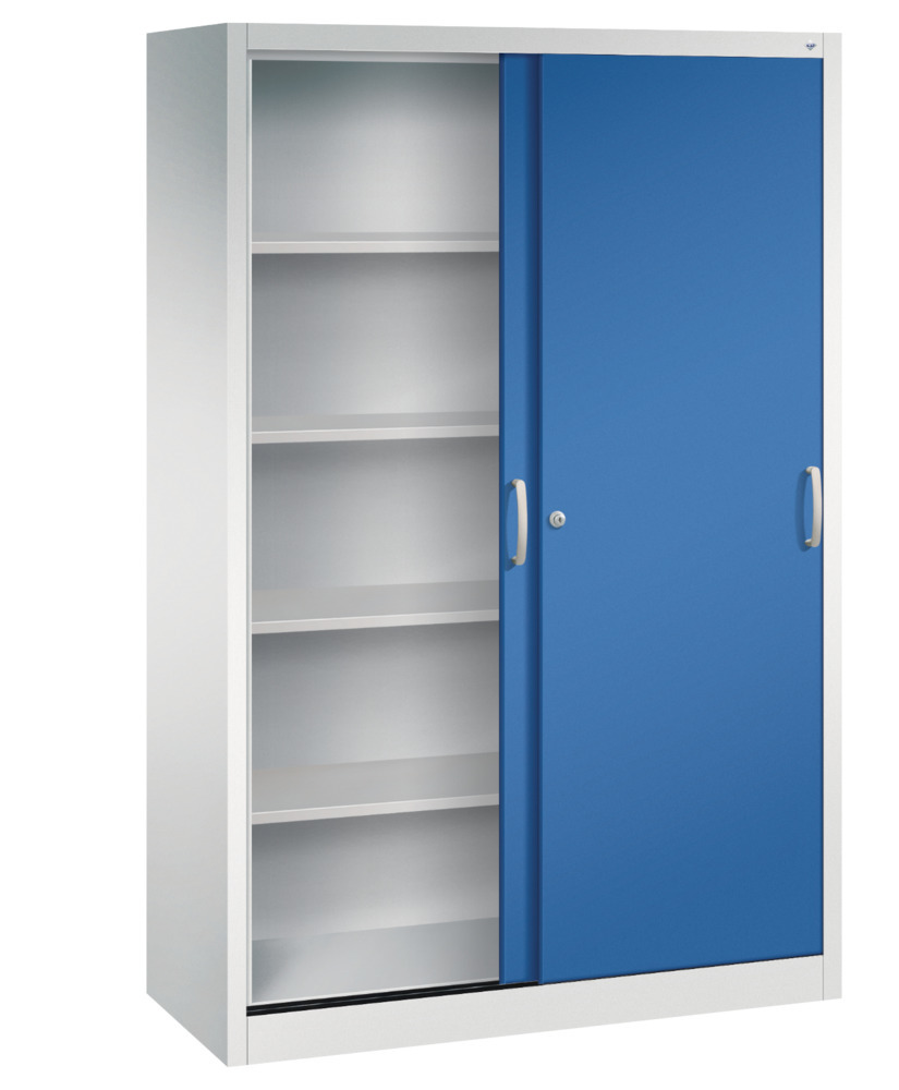 Kancelářská skříňka s posuvnými dveřmi C+P Acurado, 1200 x 500 x 1950 mm, sv. šedá/enciánově modrá - 2