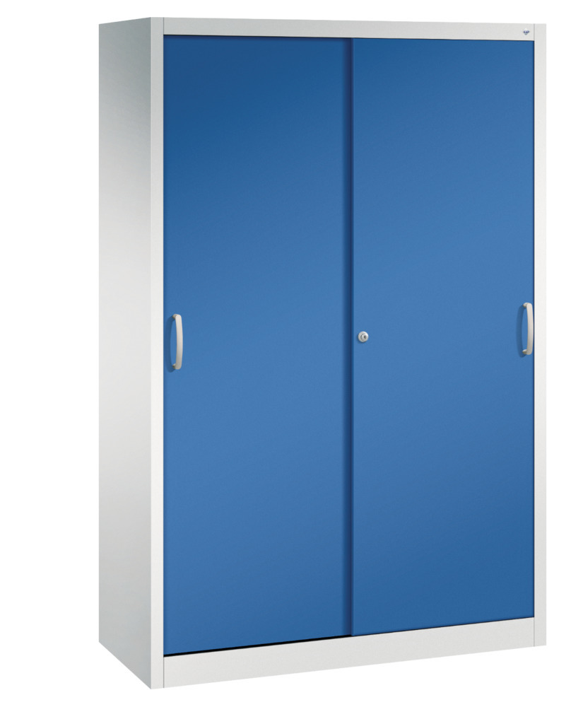 Kancelářská skříňka s posuvnými dveřmi C+P Acurado, 1200 x 500 x 1950 mm, sv. šedá/enciánově modrá - 1