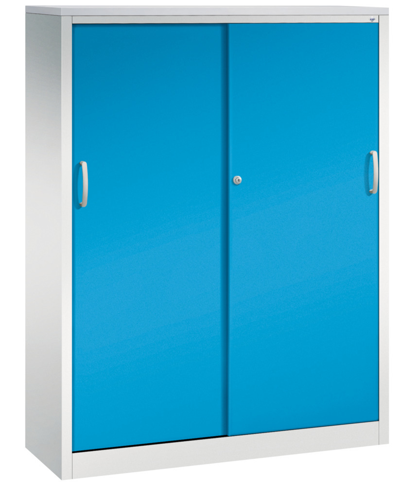 Armoire basse à portes coulissantes Acurado, acier, 1200 x 400 x 1600 mm, gris clair/bleu clair - 1