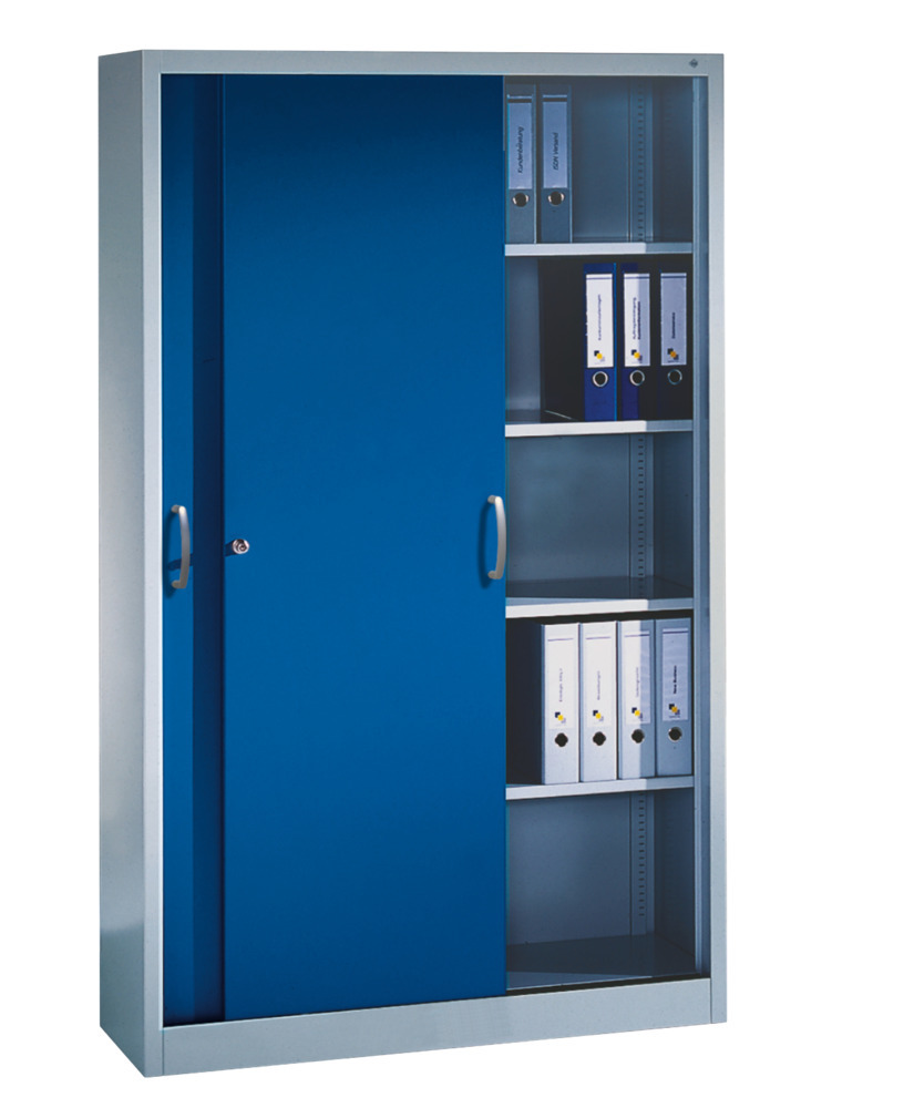 Kancelářská skříňka s posuvnými dveřmi C+P Acurado, 1200 x 400 x 1950 mm, sv. šedá/enciánově modrá - 2