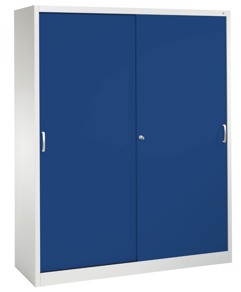Kancelářská skříňka s posuvnými dveřmi C+P Acurado, 1600 x 500 x 1950 mm, sv. šedá/enciánově modrá - 1