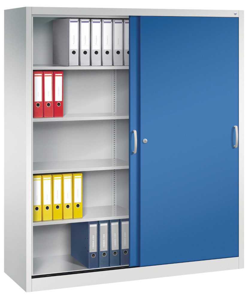 Kancelářská skříňka s posuvnými dveřmi C+P Acurado, 1600 x 500 x 1950 mm, sv. šedá/enciánově modrá - 2