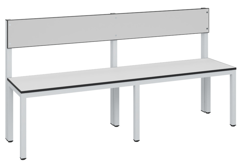 Panchina Basic per spogliatoio, con schienale, superficie di seduta grigio chiaro, L 1500 mm - 1