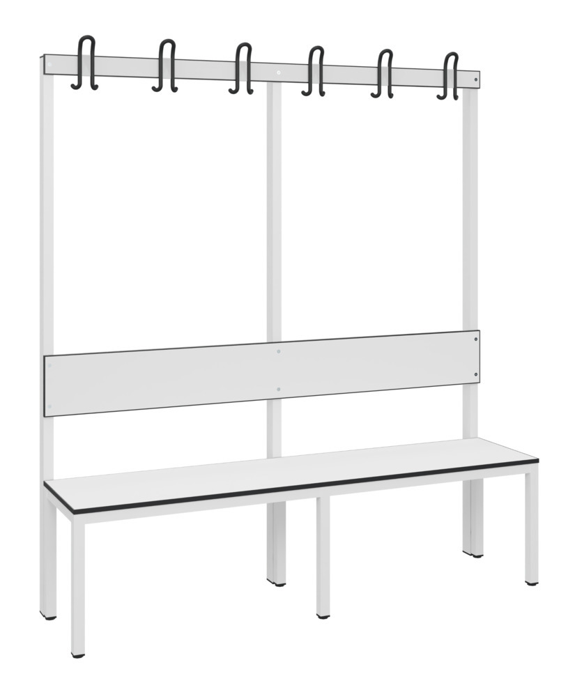 Panchina Basic per spogliatoio, con schienale, superficie di seduta in bianco traffico, L 1500 mm - 1