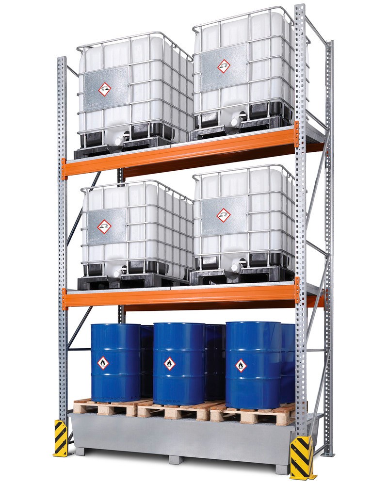 Kombi-reol 4 K6-l med galvaniseret opsamlingskar, til 6 IBCer à 1000 liter, grundfelt - 1
