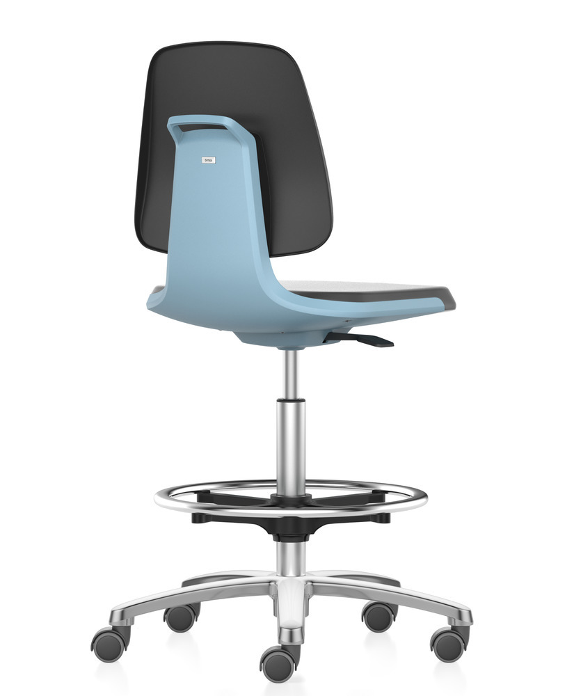 Průmyslová a laboratorní židle Bimos Smart, modrý sedák, PU polstrování, výška sedu až 810 mm - 1