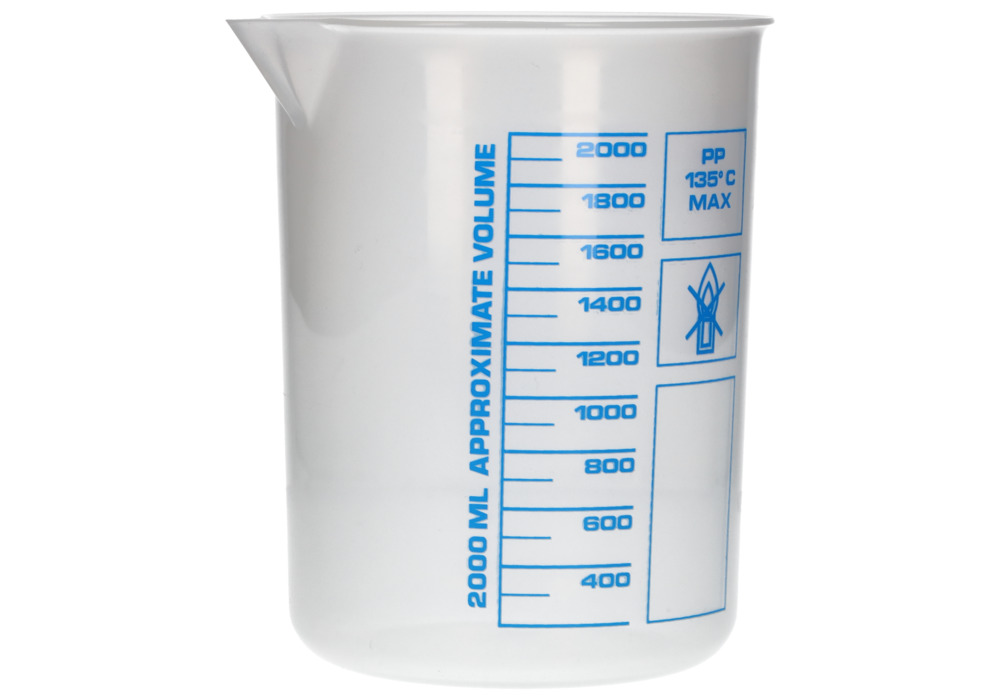 Mérőpohár PP-ből, laboratóriumi pohár nyomtatott kék térfogatskálával, 2000 ml, 6 db - 4