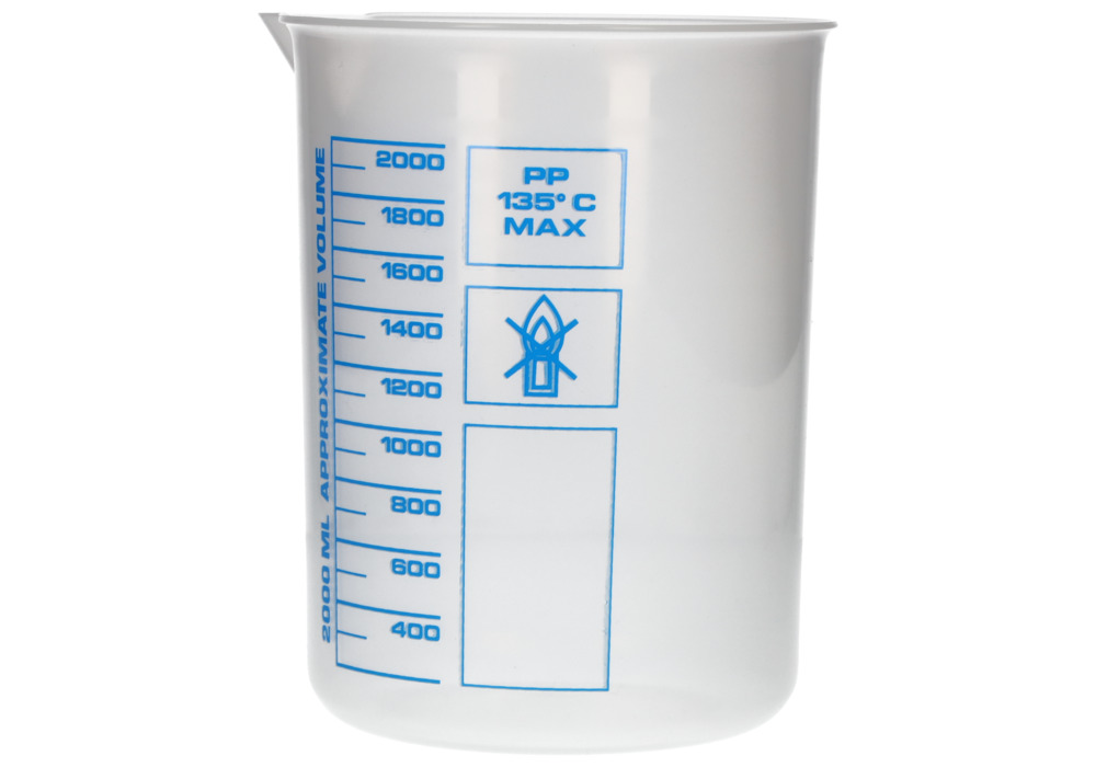 Mérőpohár PP-ből, laboratóriumi pohár nyomtatott kék térfogatskálával, 2000 ml, 6 db - 1