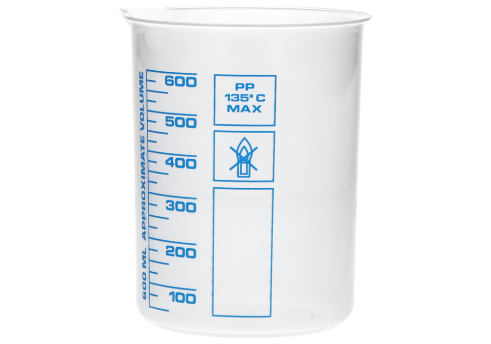 Doseringsbæger af PP, laboratoriebæger med påtrykt blå volumenskala, 600 ml, 12 stk. - 4