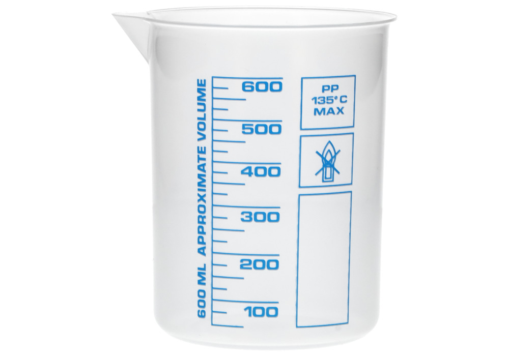 Mérőpohár PP-ből, laboratóriumi pohár nyomtatott kék térfogatskálával, 600 ml, 12 db - 3