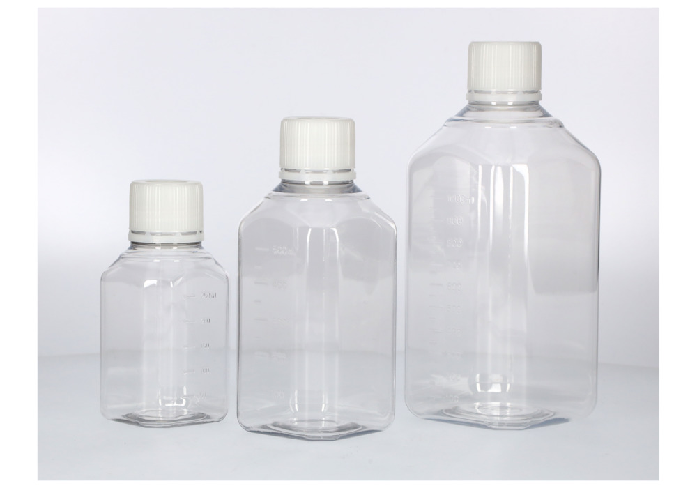 Laboratóriumi palackok PET-ből, steril, átlátszó, csavaros kupakkal, beosztással, 500 ml, 24 db - 6