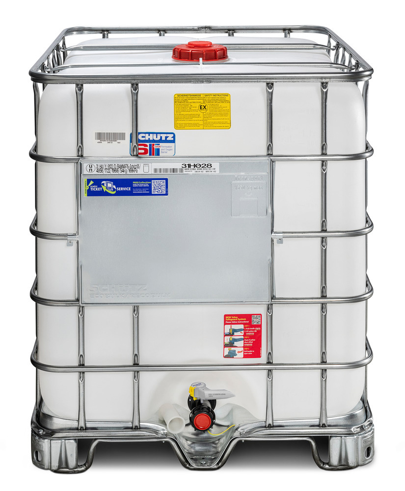 IBC-container för farligt gods, ex-klassad, stålmedar, 1 000 liter, öppning Ø150, utlopp Ø50 - 1