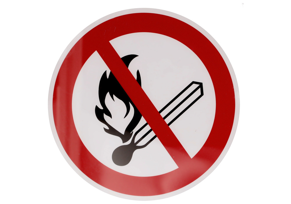 Segnale divieto Vietato fumare o usare fiamme libere, ISO7010, pellicola, ades. 200mm, conf. 10pz. - 1