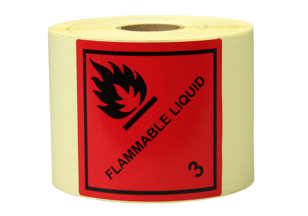 Rouleau d'étiquettes de danger, ADR, 100x100 mm, papier, Flammable Liquid, liquide inflammable cl. 3 - 1