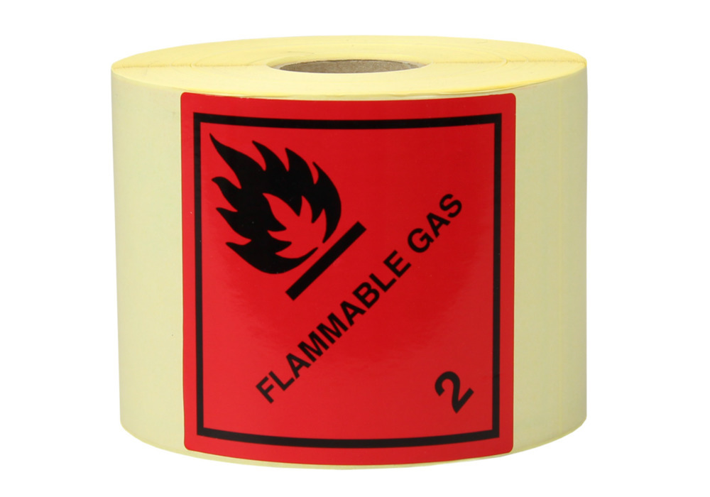 Etiketter til farligt gods 100 x 100 mm, lavet af papir - Brandfarlig gas, Kl. 2 - 1