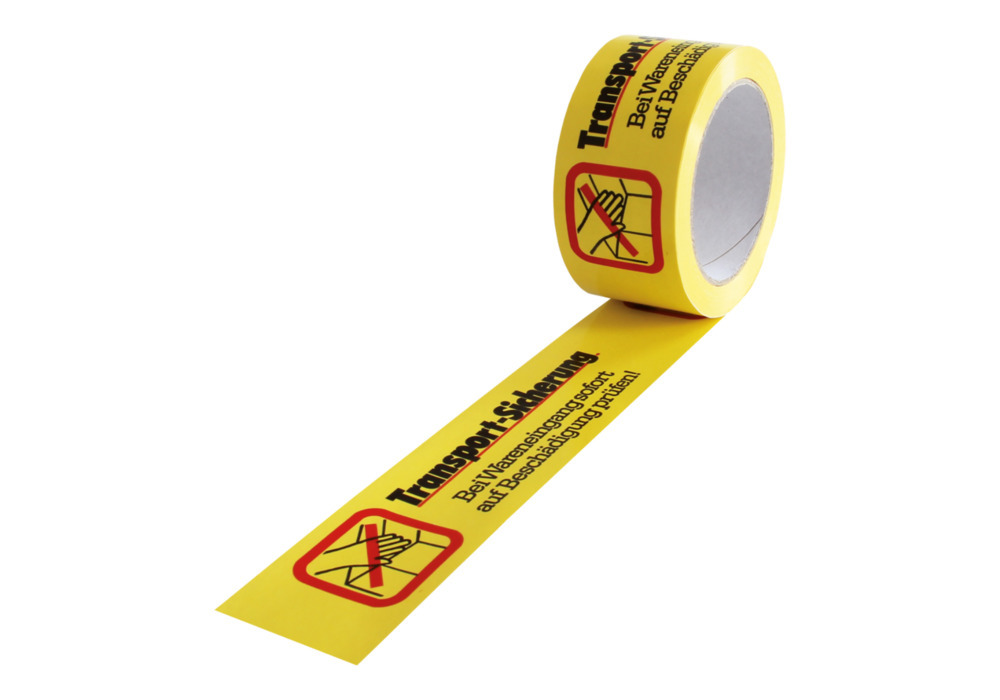 Huomioteippi, PVC, teksti Kuljetuksen varmistus, keltaisena, 50 mm leveä x 66 jm - 1