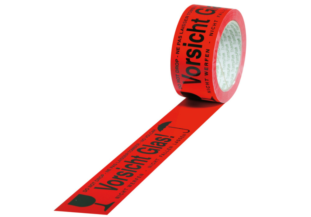 Cinta de advertencia, PVC, impresión Precaución Vidrio, en rojo señal, 50 mm ancho x 66 rm - 1