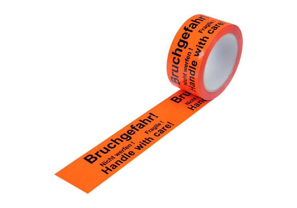 Warning tape, PP, imprint Risk of Breakage, in warning orange, 50 mm wide x 66 rm - 1