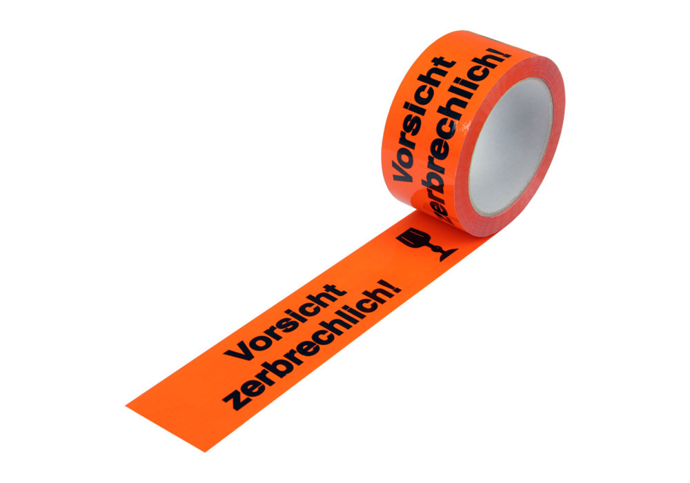 Fita de advertência, PP, impresso Cuidado frágil, laranja de advertência, 50 mm de largura x 66 m - 1