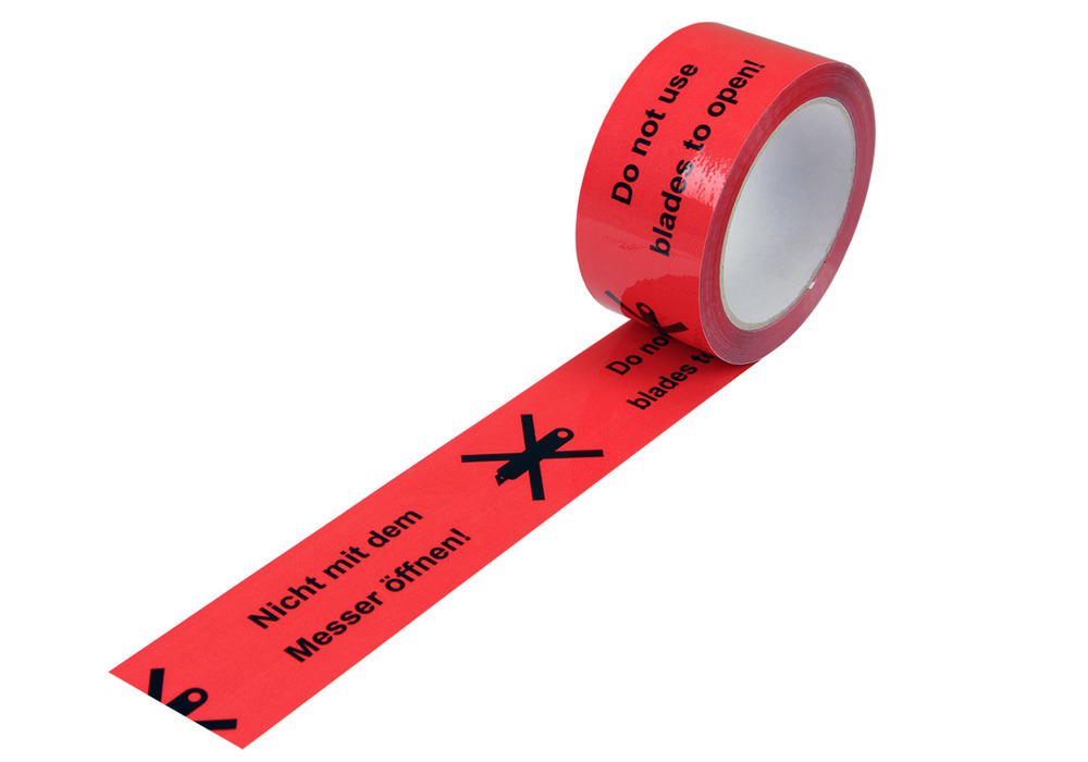 Výstražná páska, PP, potisk symbol nože, v signální červené barvě, šířka 50 mm x 66 m - 1