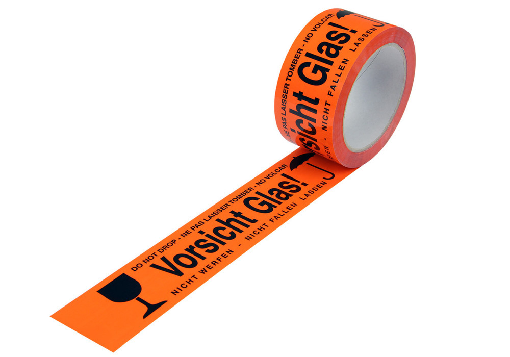 Warning tape, PP, imprint Caution Glass, in warning orange, 50 mm wide x 66 rm - 1