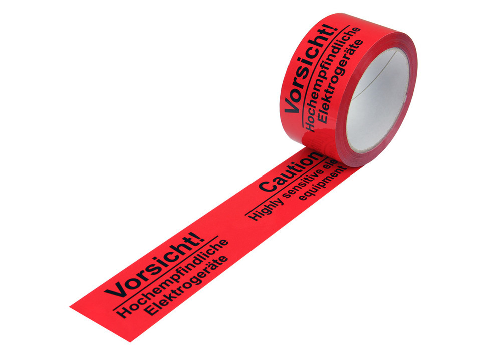 Výstražná lepiaca páska, PP, potlač Vysokocitlivé zariadenia, signálna červená, 50 mm x 66 m - 1