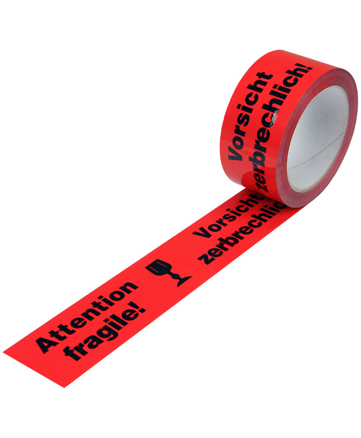 Warning tape, PP, imprint Caution Fragile, in signal red, 50 mm wide x 66 rm - 1