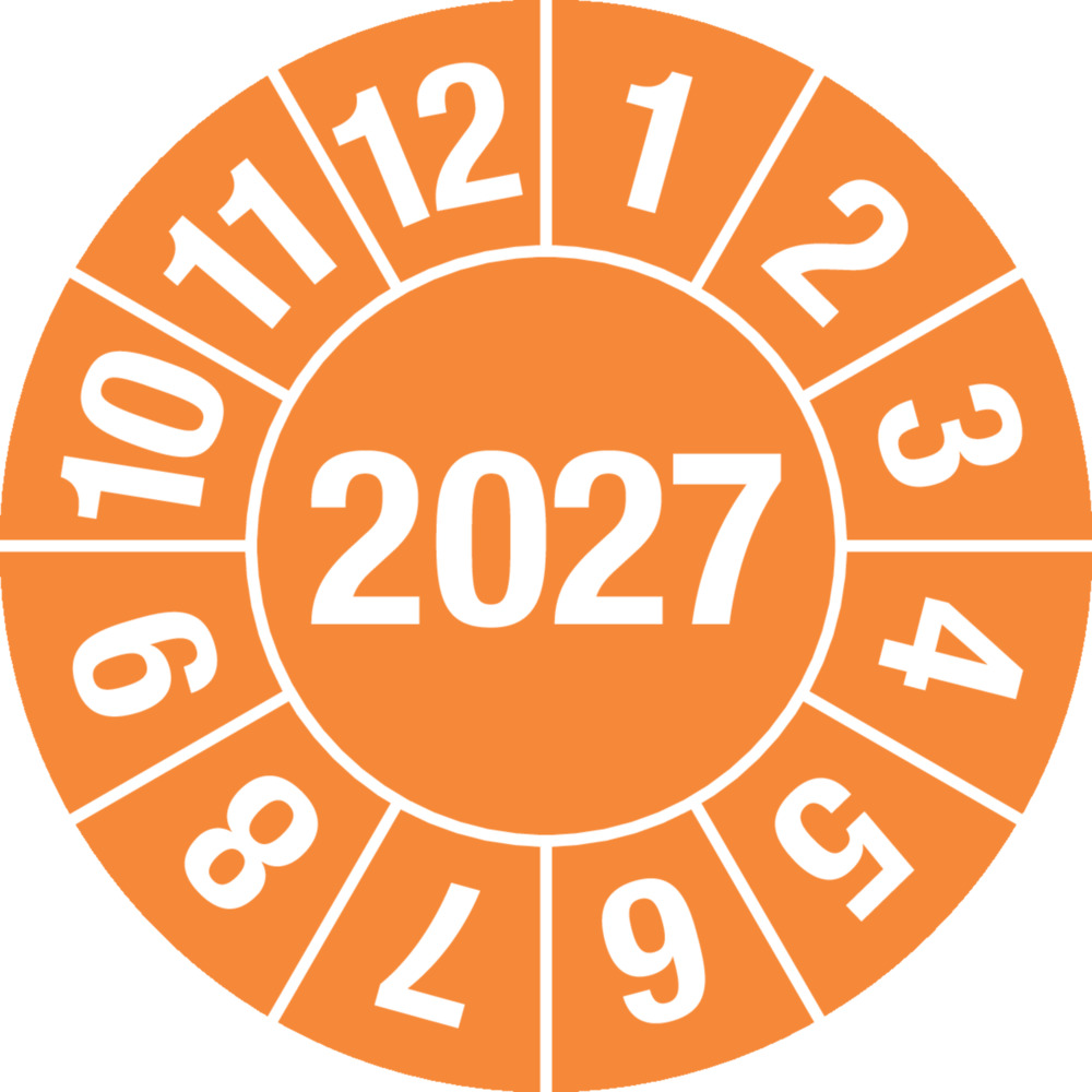 Prüfplakette "2027", orange, Folie, selbstklebend, 30 mm, VE = 5 Bogen à 15 Stück - 1