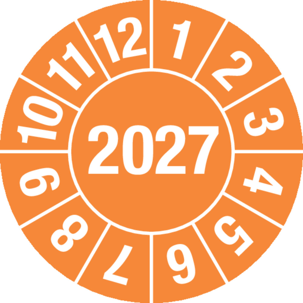 Kontrollmärke 2027, orange, folie, självhäftande, 15 mm, 1 ark à 60 st - 1