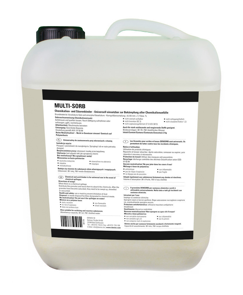 Sypký sorbent DENSORB MultiSorb na chemikálie a kyseliny, nevýbušný prach, kanystr 2 kg - 1