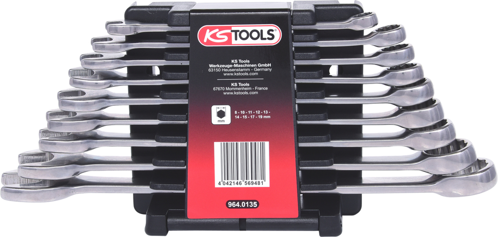 Set di chiavi comb. bocca + anello KS Tools, acc. inox, 9 pz., piegati, antirugg., resist. a acidi - 1