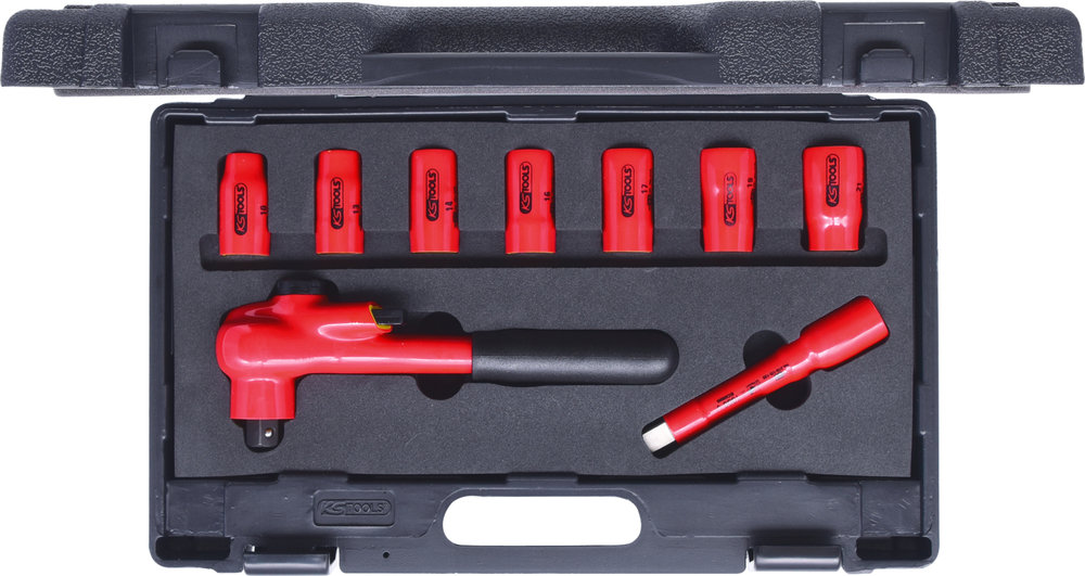 KS Tools 1/2" topnøgle sæt, 1000 V, 10 - 21 mm, 9 dele, med skralde + møtrikker, dip-isolering - 5