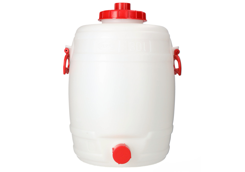 Bidón de plástico blanco con asas y grifo de vaciado, volumen 30 litros, apto para alimentación - 1