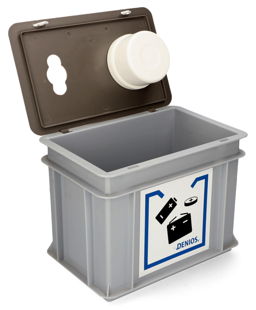 Caixa cinza em PE, reciclagem de baterias usadas, 2 aberturas: baterias e pilhas de botão, 20 litros - 2