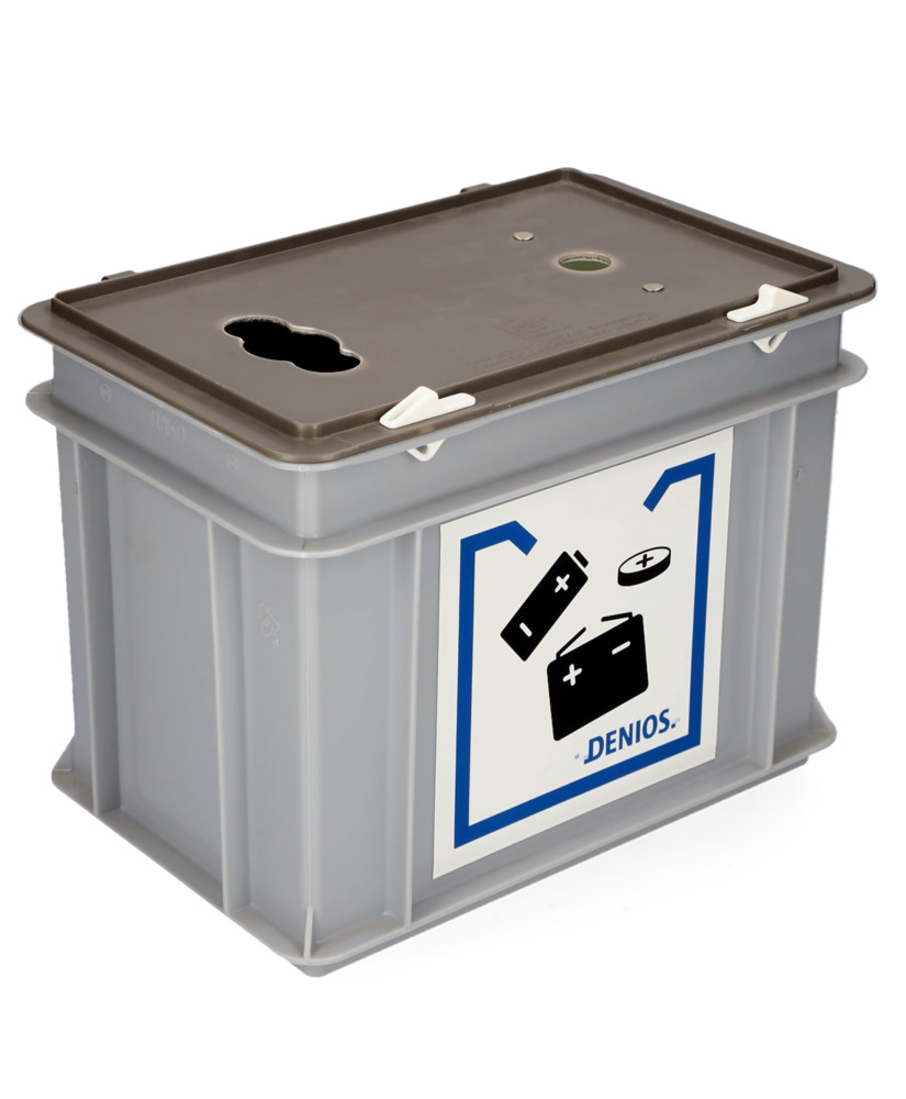 Caja gris en PE, reciclado de baterías usadas, 2 aberturas: baterías y pilas de botón, 9 litros - 1