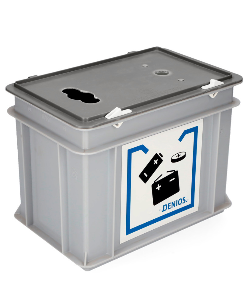 Caja gris en PE, reciclado de baterías usadas, 2 aberturas: baterías y pilas de botón, 9 litros - 1