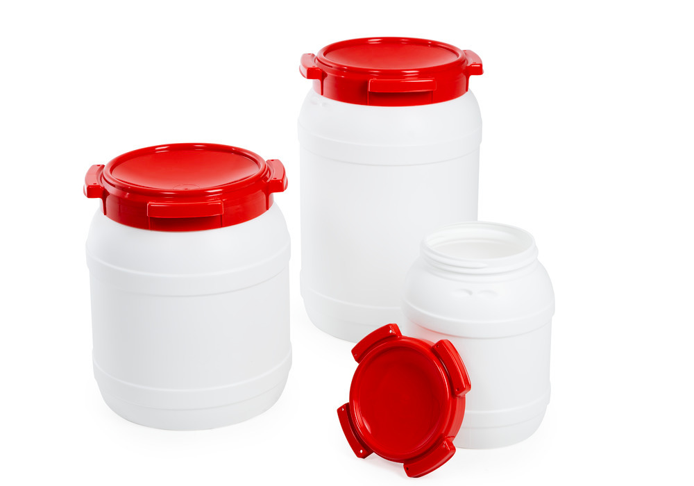 Szélesnyakú hordó WH 15, polietilénből (PE), 15 literes, fehér/piros - 8