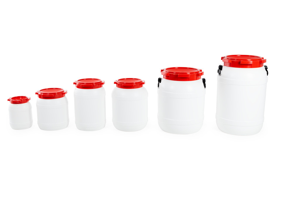 Szélesnyakú hordó WH 26, polietilénből (PE), 26 literes, fehér/piros - 7