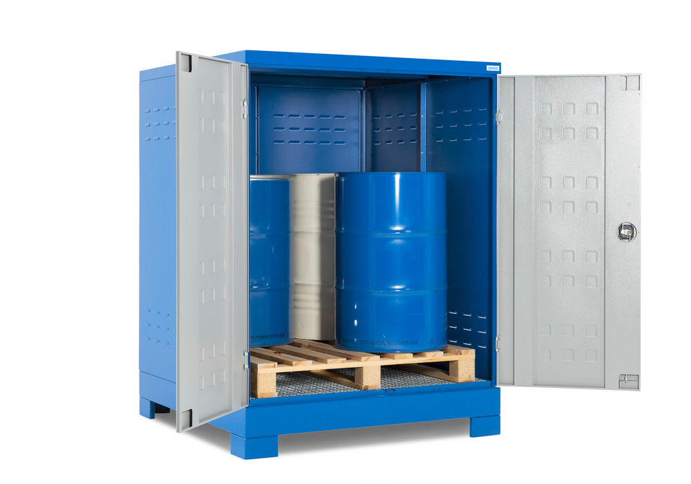 SteelSafe hazardous materials depot D4, with doors, for 4 drums on chemical pallet, 220 litres - 1