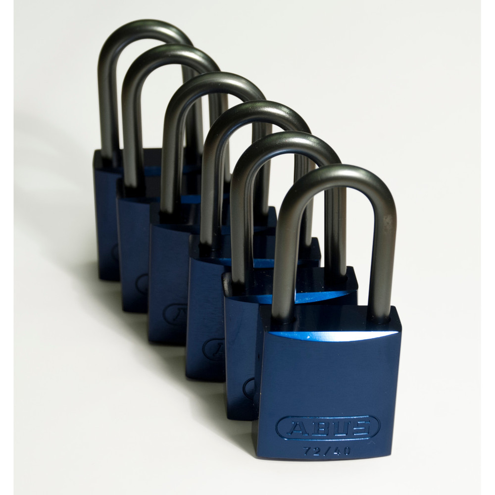Aluminiumshængelåse, pakke = 6 stk, bøjlehøjde 38,10 mm, forskellige nøgler, blå - 1