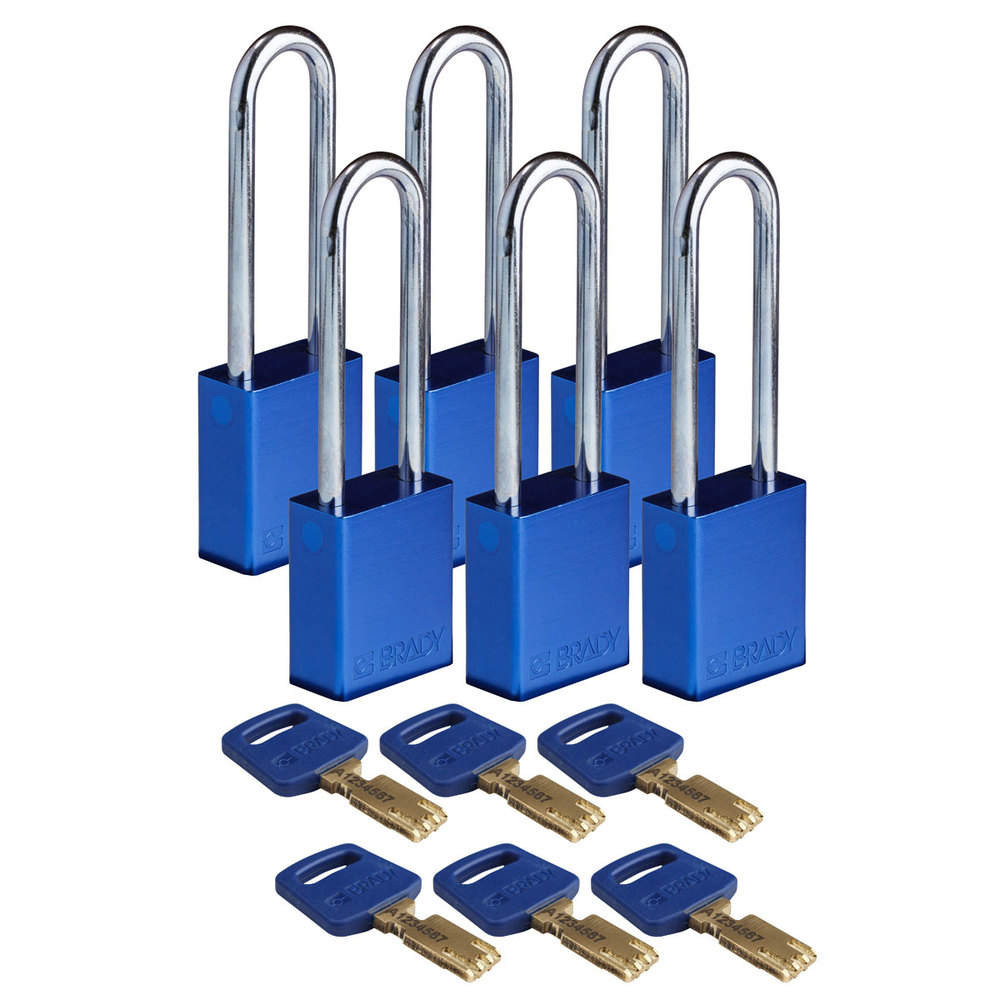 SafeKey hængelåse, aluminium, pakke = 6 stk, bøjlehøjde 76,20 mm, blå - 1