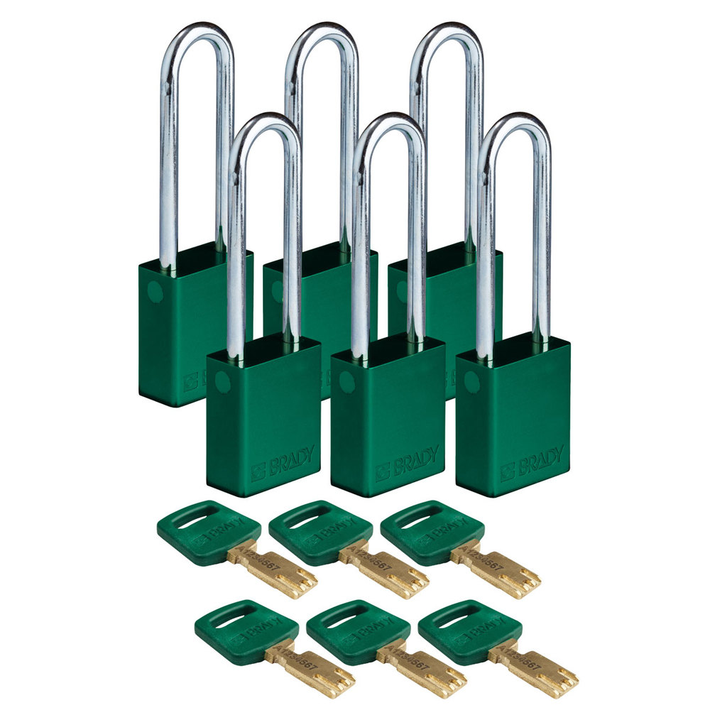 SafeKey hængelåse, aluminium, pakke = 6 stk, bøjlehøjde 76,20 mm, grøn - 1