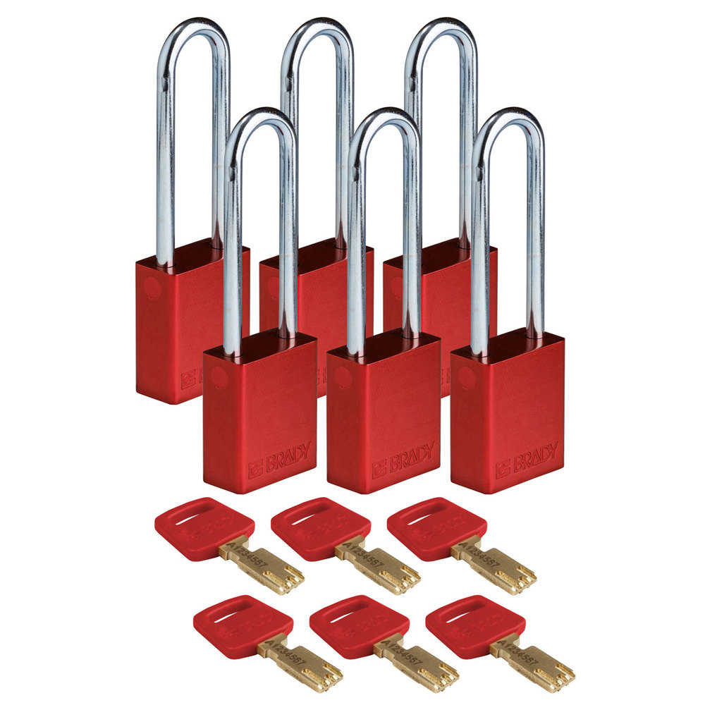 SafeKey hængelåse, aluminium, pakke = 6 stk, bøjlehøjde 76,20 mm, rød - 1
