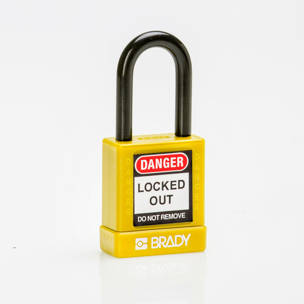 Padlocks, aluminium housing w. nylon protection, Pack = 6 pieces, clear shackle height 38 mm, yellow - 1