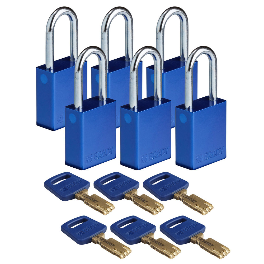 Vorhangschlösser SafeKey, Aluminium, VE = 6 Stück, lichte Bügelhöhe 38,10 mm, blau - 1