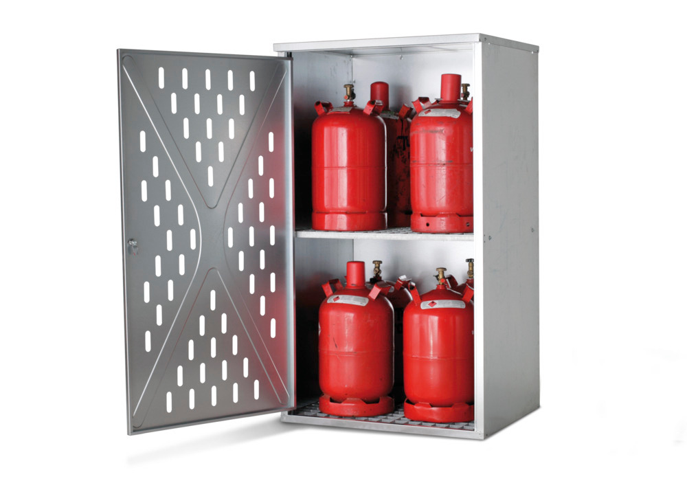asecos gas cylinder cabinet for 10 x 11 kg or 4 x 33 kg gas cylinders, 1-wing door, galvanised - 1
