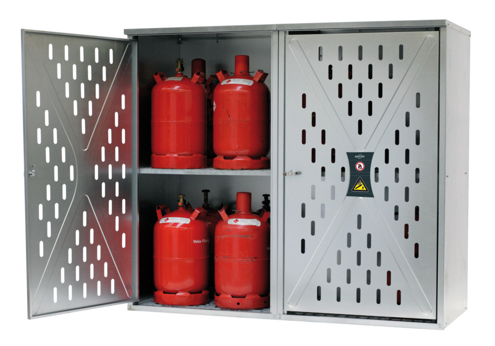 asecos gasflaskeskab til 20 x 11 kg eller 9 x 33 kg gasflasker, 2-fløjet dør, galvaniseret - 1