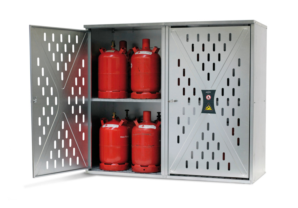asecos gas cylinder cabinet for 20 x 11 kg or 9 x 33 kg gas cylinders, 2-wing door, galvanised - 1